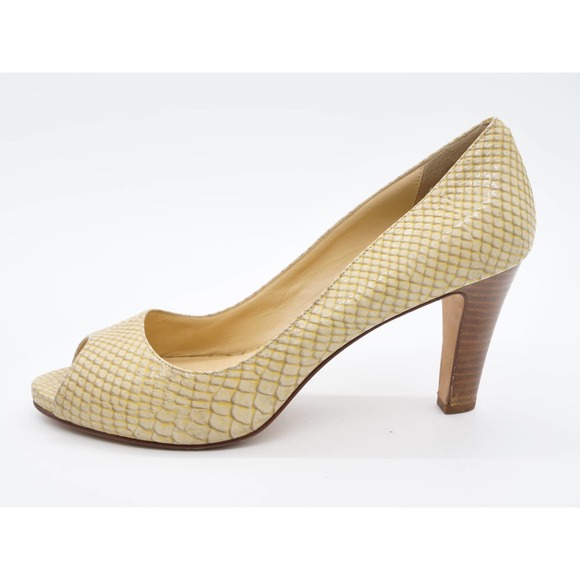 Cole Haan Heels Womens 8 Tan Snake Print Leather Peep Toe Stacked Heel Pumps - Picture 2 of 12